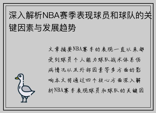 深入解析NBA赛季表现球员和球队的关键因素与发展趋势