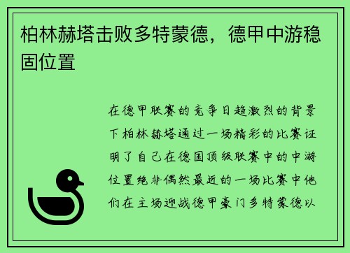 柏林赫塔击败多特蒙德，德甲中游稳固位置