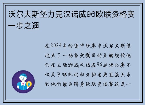 沃尔夫斯堡力克汉诺威96欧联资格赛一步之遥