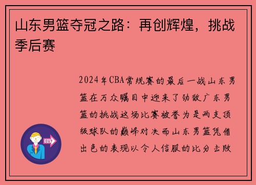 山东男篮夺冠之路：再创辉煌，挑战季后赛